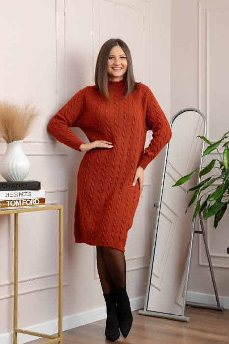 Pulover tricotat tip rochie Rachel cu maneci raglan - Caramiziu [4]