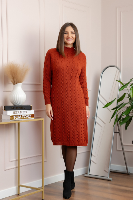 Pulover tricotat tip rochie Rachel cu maneci raglan - Caramiziu