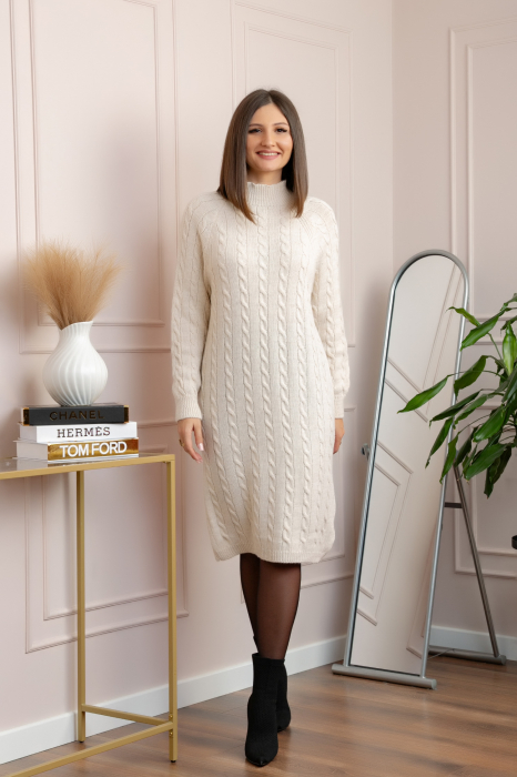 Pulover tricotat tip rochie Rachel cu maneci raglan - Ecru