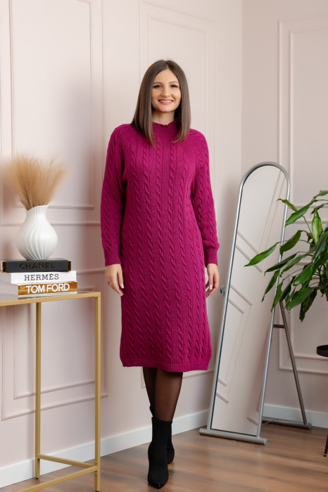 Pulover tricotat tip rochie Rachel cu maneci raglan - Fuchsia
