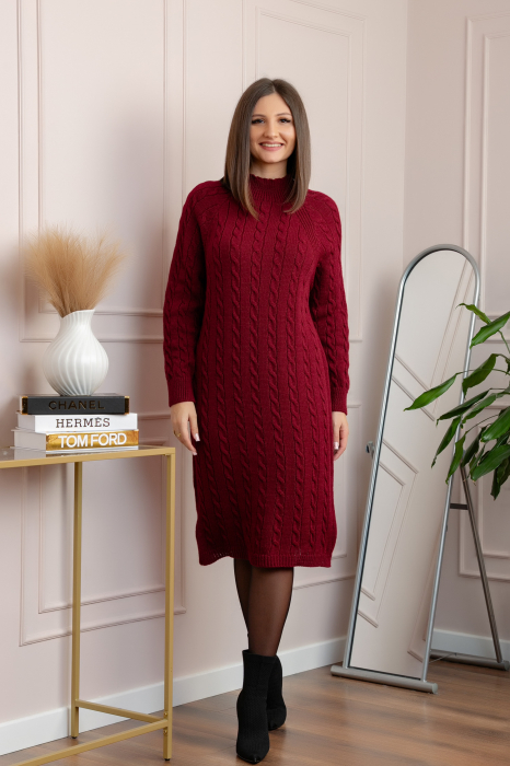 Pulover tricotat tip rochie Rachel cu maneci raglan - Grena