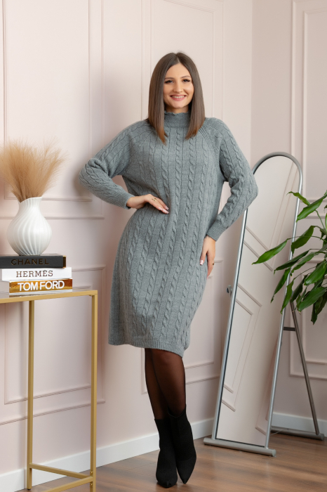 Pulover tricotat tip rochie Rachel cu maneci raglan - Gri [4]