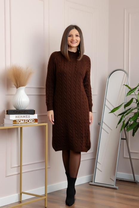 Pulover tricotat tip rochie Rachel cu maneci raglan - Maro