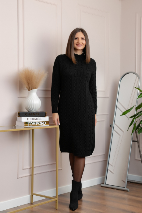 Pulover tricotat tip rochie Rachel cu maneci raglan - Negru