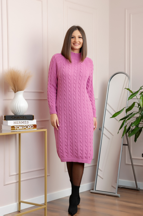 Pulover tricotat tip rochie Rachel cu maneci raglan - Roz