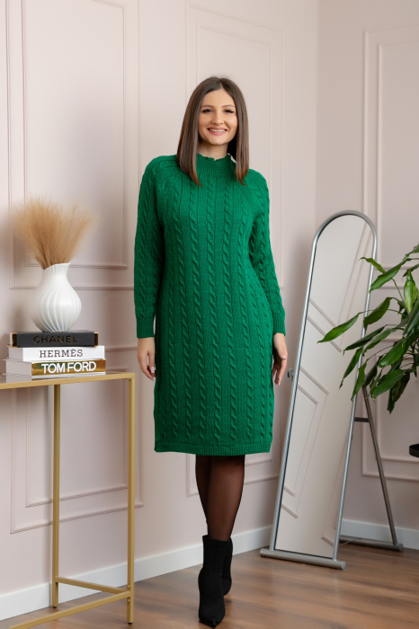 Pulover tricotat tip rochie Rachel cu maneci raglan - Verde smarald