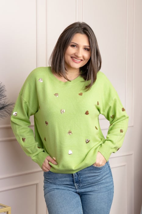 Pulover verde praz Riley cu inimioare din paiete aurii