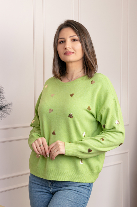 Pulover verde praz Riley cu inimioare din paiete aurii [3]