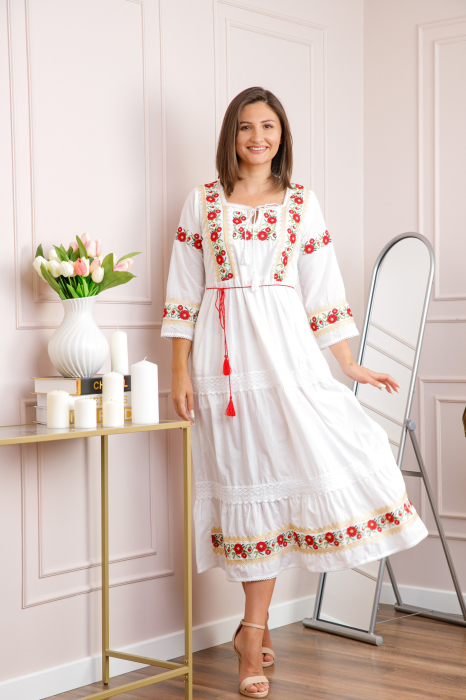 Rochie alba cu motiv floral rosu Corina 02 [4]