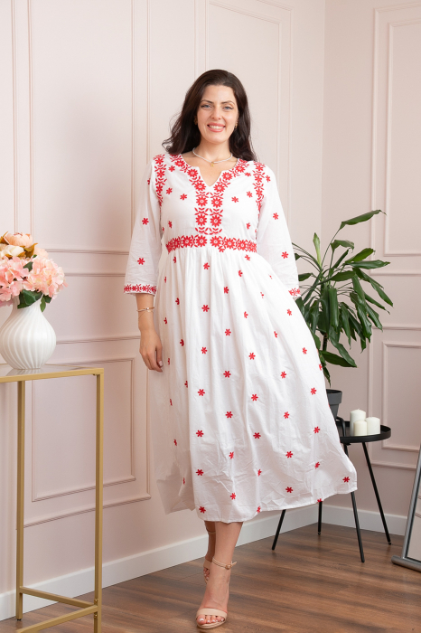 Rochie alba cu motiv floral rosu Monica [3]