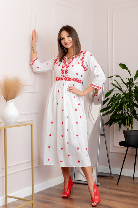 Rochie alba cu motiv floral rosu Monica