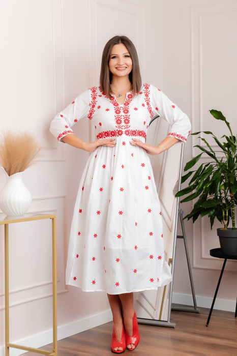 Rochie alba cu motiv floral rosu Monica [4]