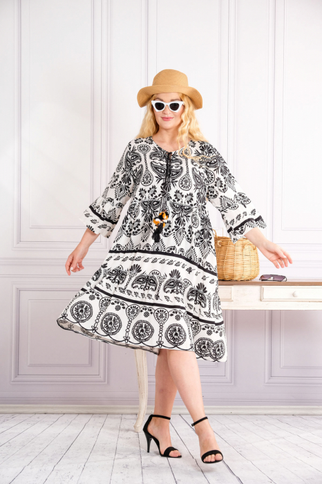 Rochie alba midi boho chic cu imprimeuri mandala negre [4]