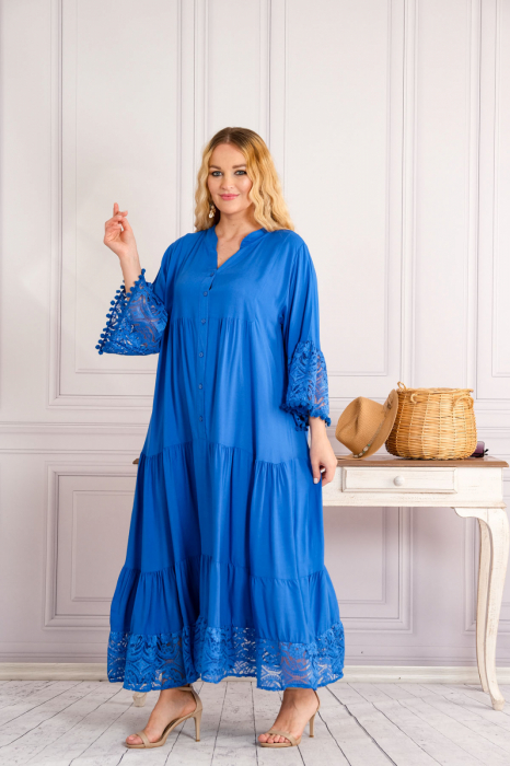 Rochie albastra lunga boho chic cu volane si dantela [4]