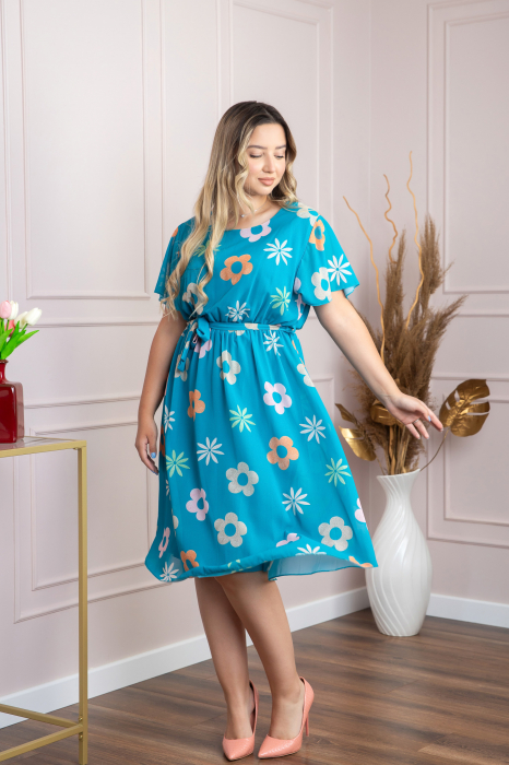 Rochie albastra cu imprimeu floral si maneci fluture