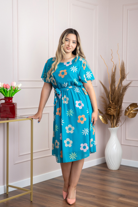 Rochie albastra cu imprimeu floral si maneci fluture [4]