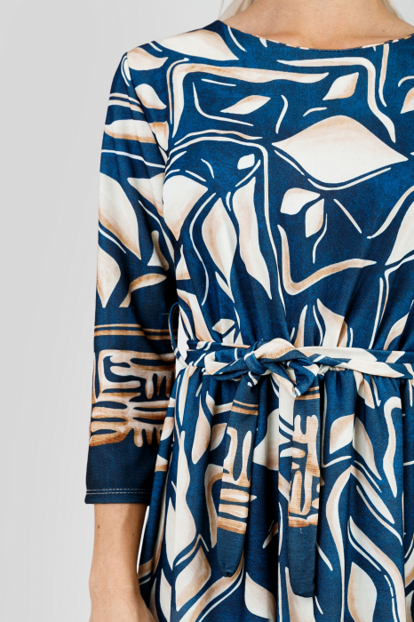 Rochie office albastra cu imprimeuri crem si maneci trei sferturi [2]