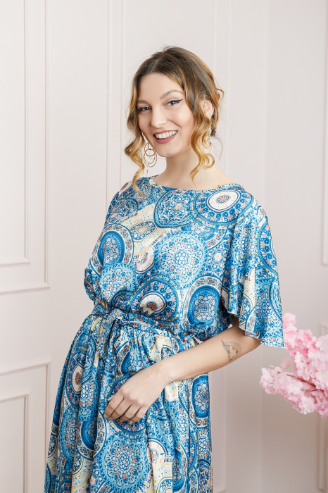 Rochie albastra cu imprimeuri mandala si volanas la maneci [3]