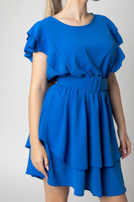 Rochie albastra cu volane si centura in talie [2]