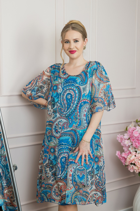 Rochie albastra din voal cu imprimeu Paisley si maneci fluture [3]