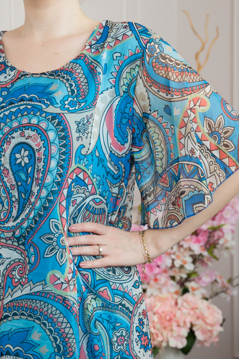 Rochie albastra din voal cu imprimeu Paisley si maneci fluture [2]