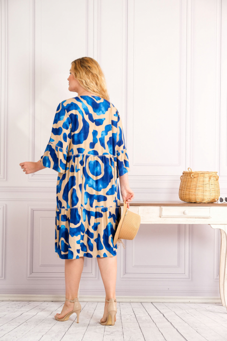 Rochie albastra midi boho chic cu imprimeuri in degrade [3]