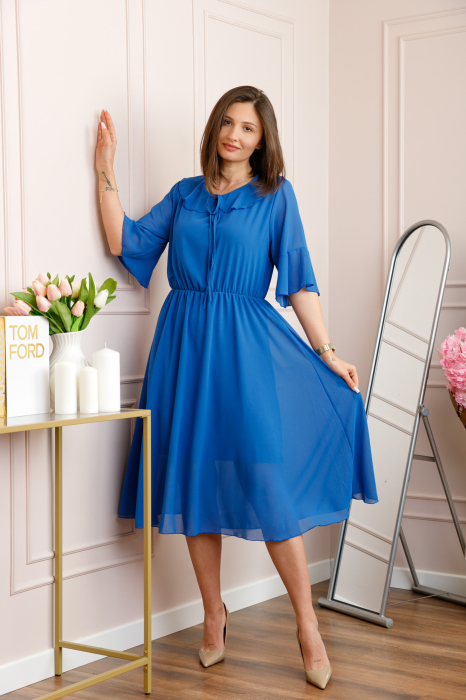 Rochie albastra vaporoasa cu elastic in talie si volanas la decolteu Allegra [4]