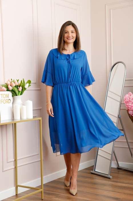 Rochie albastra vaporoasa cu elastic in talie si volanas la decolteu Allegra [3]