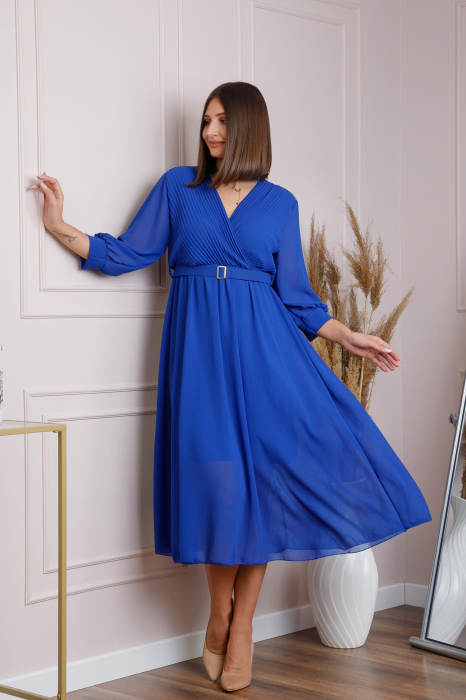 Rochie albastru regal cu bust petrecut si curea in talie [4]