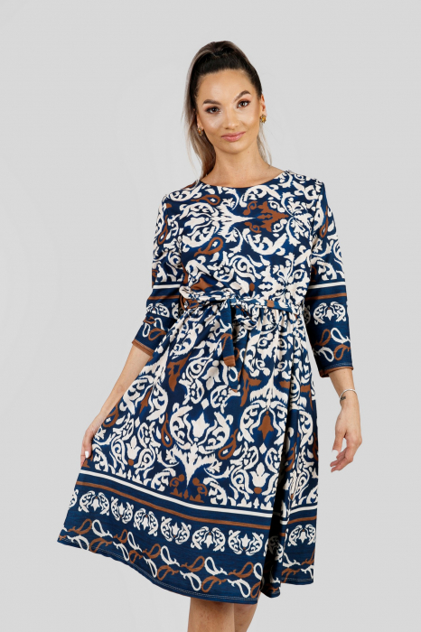Rochie office albastru regal cu imprimeuri crem si maneci trei sferturi [3]