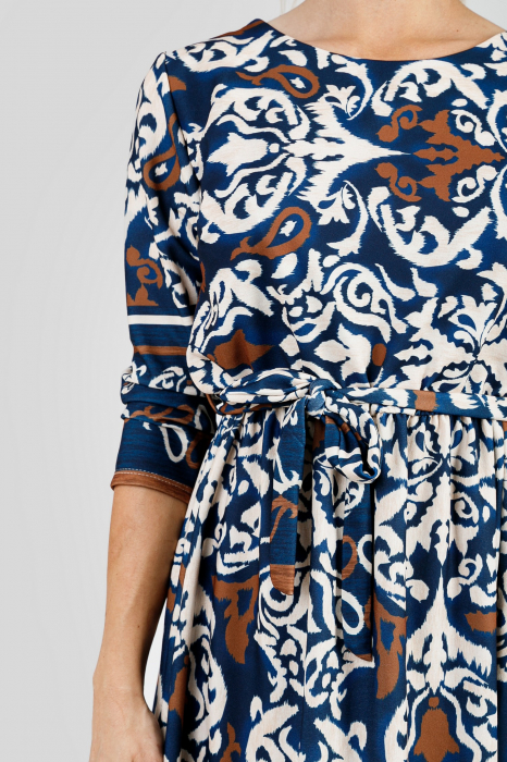 Rochie office albastru regal cu imprimeuri crem si maneci trei sferturi [2]