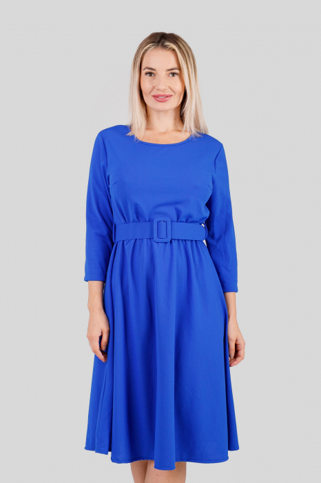 Rochie albastru regal cu maneci trei sferturi si centura in talie [2]