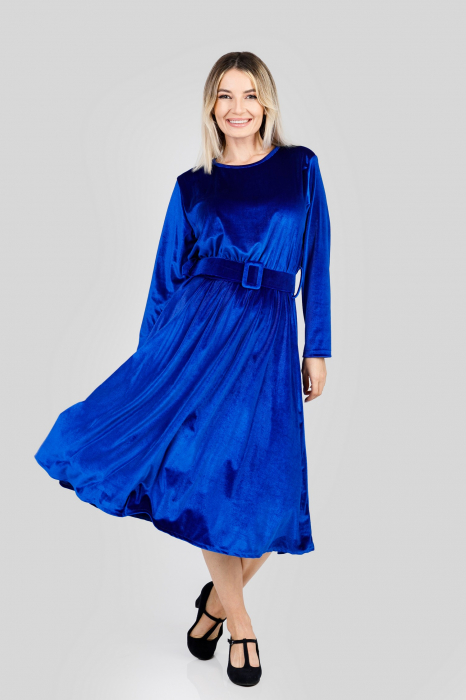 Rochie albastru regal din catifea cu centura in talie [4]