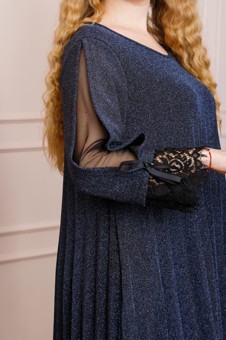 Rochie Amelie plisata bleumarin cu insertie de dantela [2]