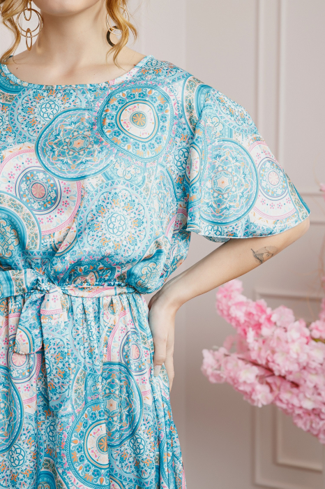 Rochie bleu cu imprimeuri mandala si volanas la maneci [2]