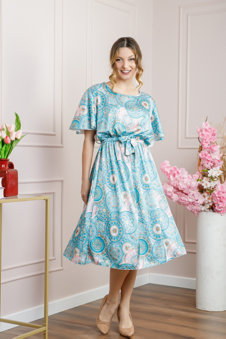 Rochie bleu cu imprimeuri mandala si volanas la maneci [4]