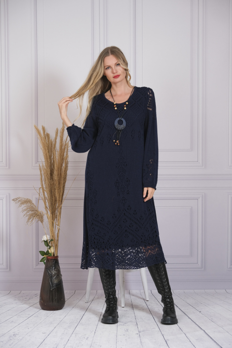 Rochie bleumarin boho chic tricotata cu detaliu perforat