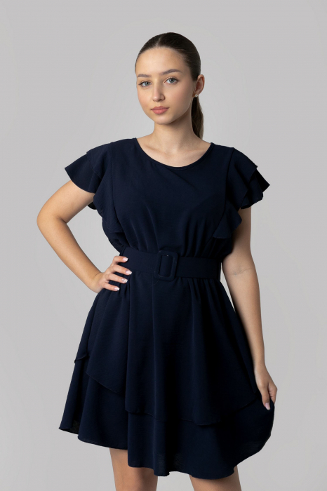 Rochie bleumarin cu volane si centura in talie [4]