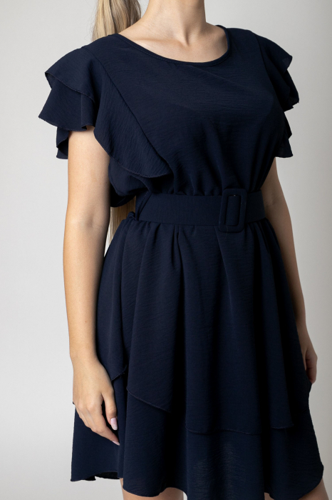Rochie bleumarin cu volane si centura in talie [2]