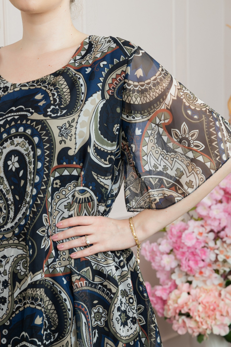 Rochie bleumarin din voal cu imprimeu Paisley si maneci fluture [2]
