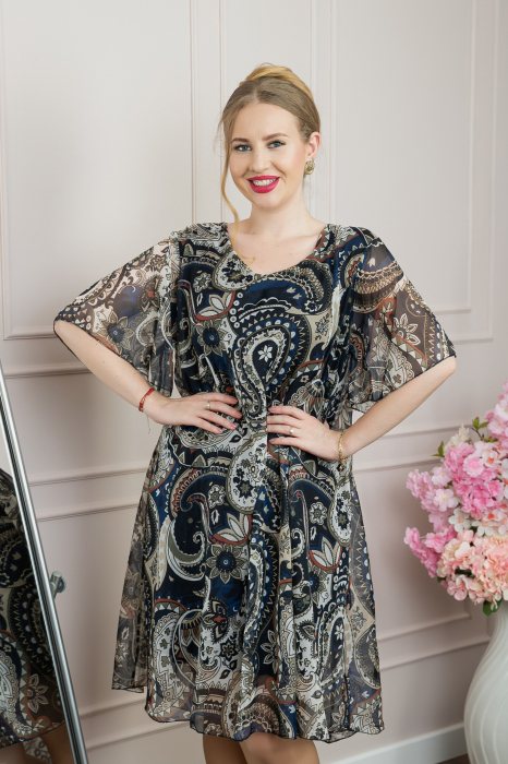 Rochie bleumarin din voal cu imprimeu Paisley si maneci fluture [3]