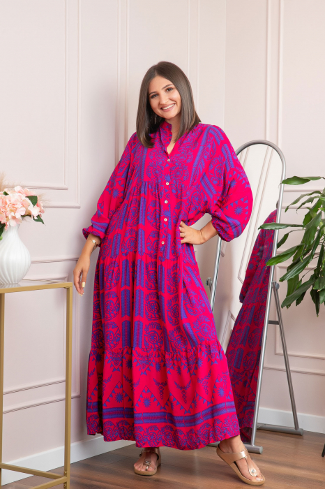 Rochie boho chic Daphne cu imprimeu ciclam floral