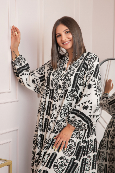 Rochie boho chic Daphne cu imprimeu negru floral [2]