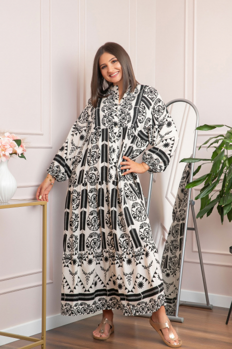 Rochie boho chic Daphne cu imprimeu negru floral