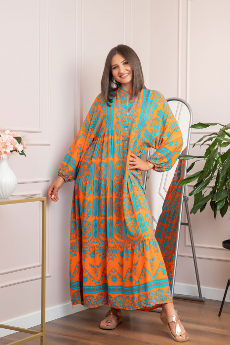 Rochie boho chic Daphne cu imprimeu turcoaz floral