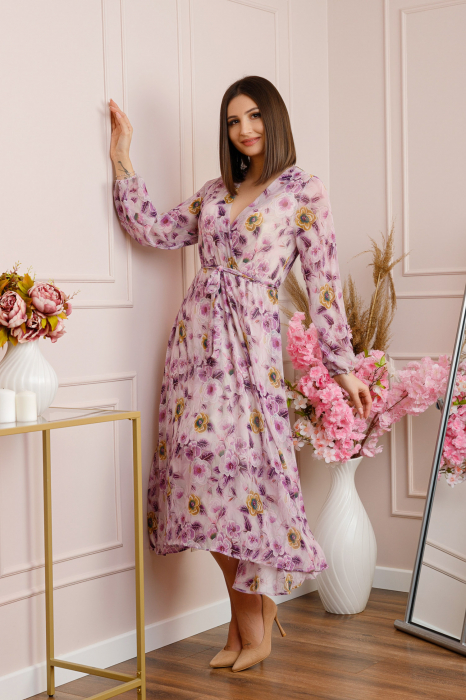 Rochie Carrie din voal cu imprimeu floral lila