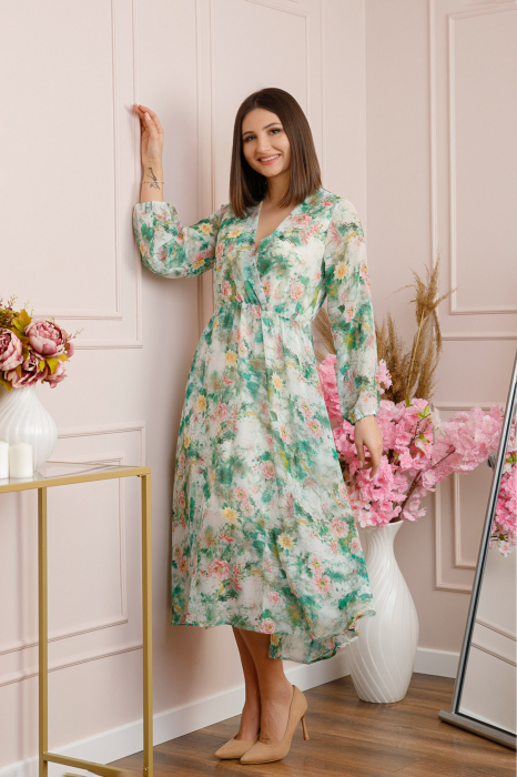 Rochie Carrie din voal cu imprimeu floral verde mint