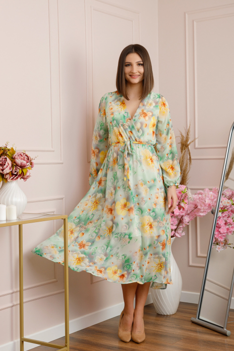 Rochie Carrie din voal cu imprimeu floral verde pastel [4]