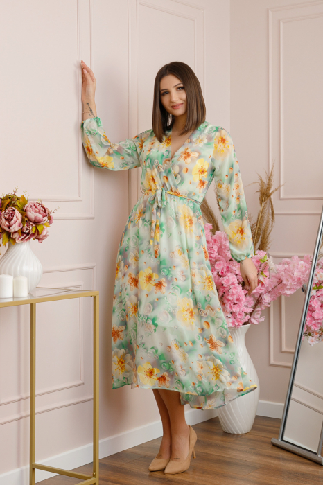 Rochie Carrie din voal cu imprimeu floral verde pastel