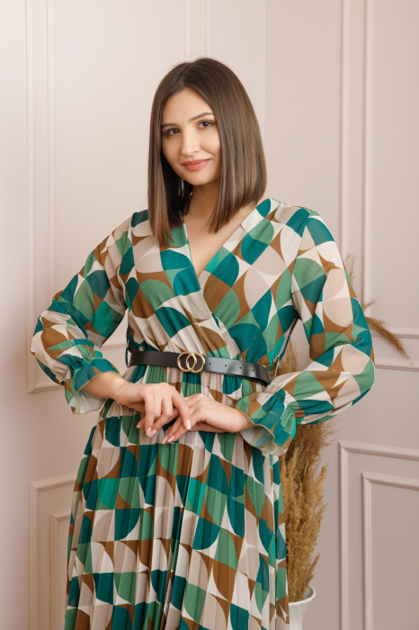 Rochie Charlotte verde din voal cu maneci lungi si curea ajustabila [3]